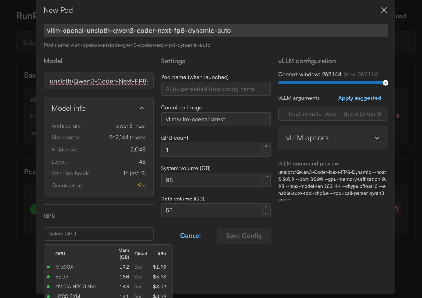 RunPod model selection in chat